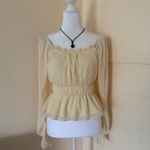 Planet Heart Peplum Top Women Size‎ S Cream Swiss Dot Square Neck Long Sleeve